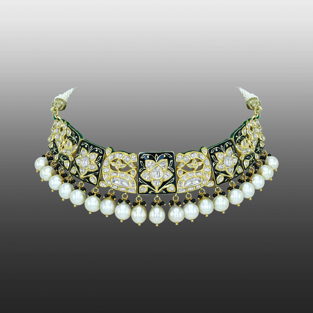 Polki Choker Necklace with Black Enamel and Pearls